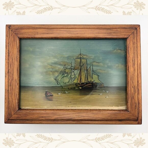 Vintage Wooden Jewelry Box – Ship Scene - Picture 1 of 5